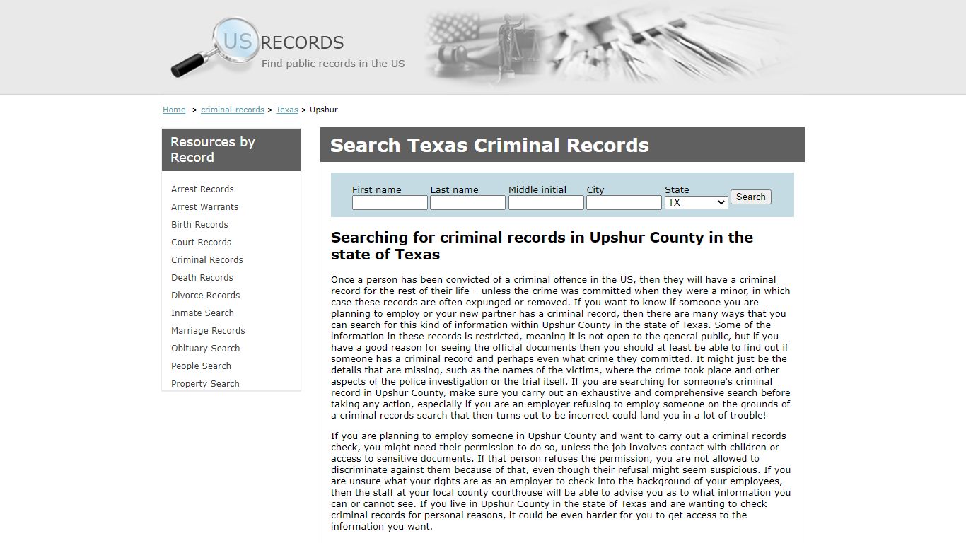 Search Criminal Records Upshur Texas | US Records
